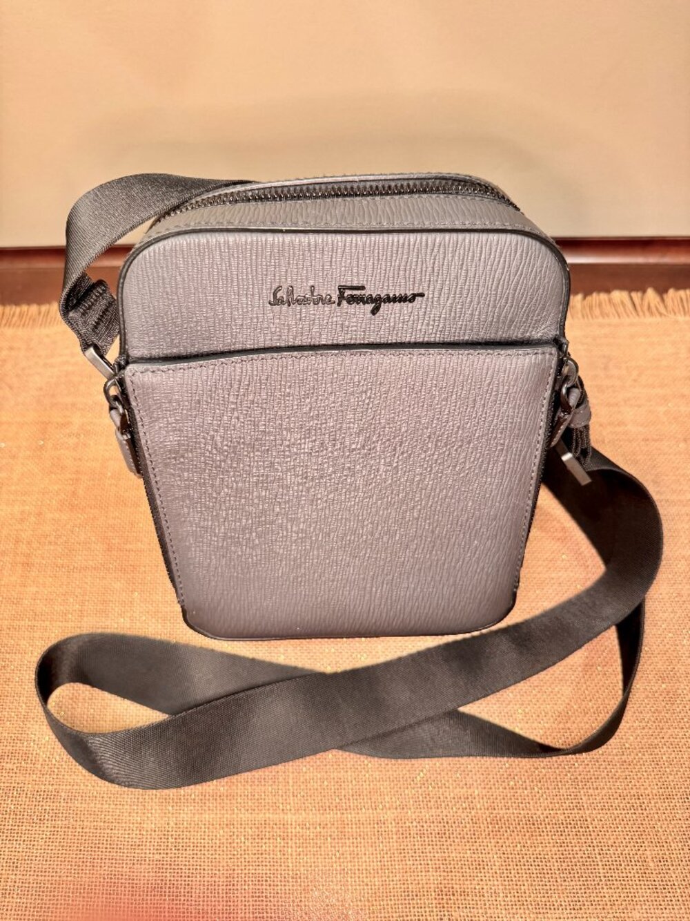 Salvatore Ferragamo Revival Leather Crossbody Bag — Grey Textured